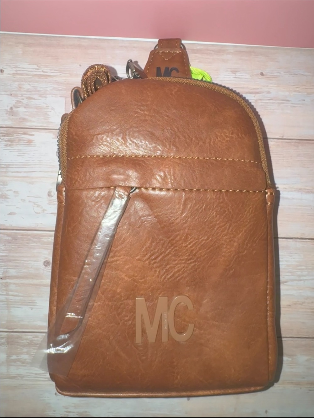 Embossed Tan Leatherette Crossbody Bag for Women